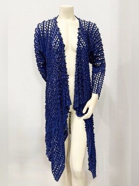 Linea Domani Blue Laser Cut Asymmetrical Cardigan Duster L Boho